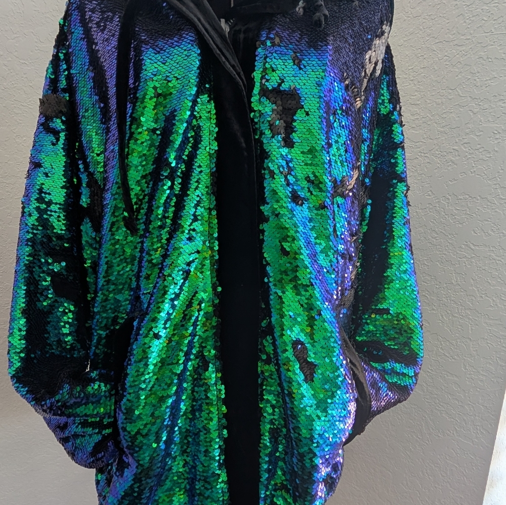 Free People City Lights Oversized Sequin Jacket With Velvet Hood - Picture 3 of 10
